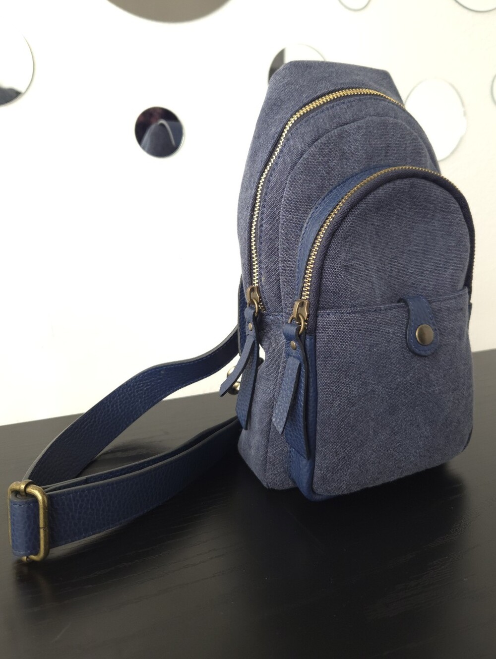 Sundance Catalog Blue Canvas Crossbody Sling Bag with Gold Zippers